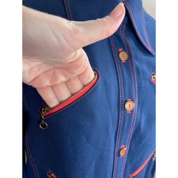 button up shirt dagger collar 6 zipper pockets 1970s navy blue red - Picture 5 of 11